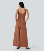 U Back Sleeveless Casual Party Jumpsuit with Pockets — Rust Red — view 2