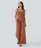 U Back Sleeveless Casual Party Jumpsuit with Pockets — Rust Red — view 1