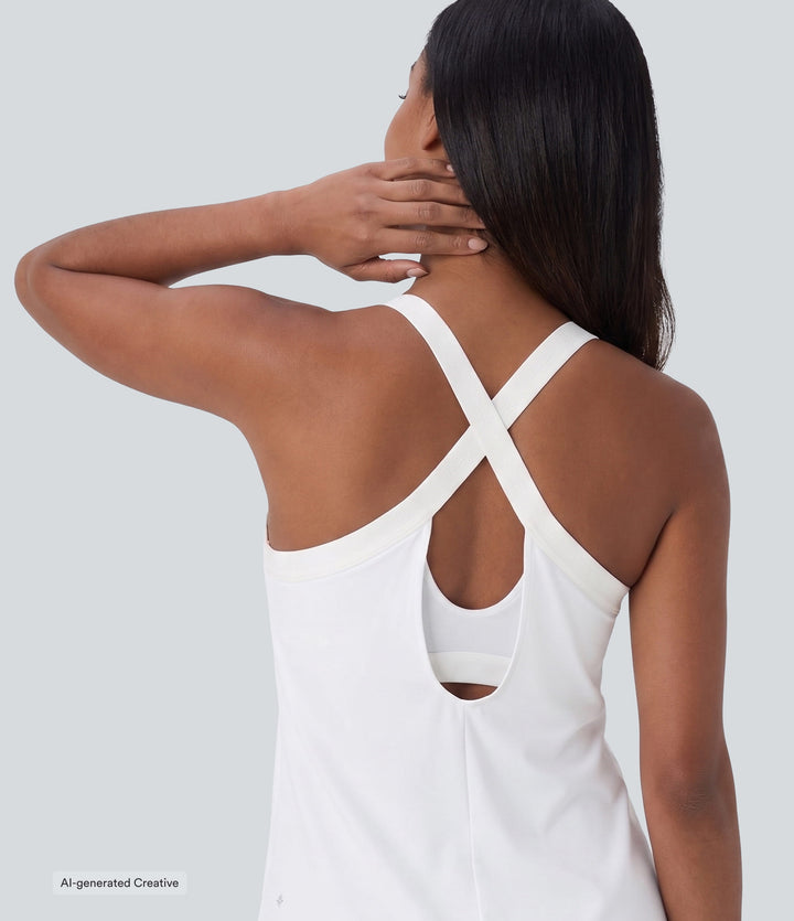 U Neck Built-in Bra Curved Hem Cool Touch Yoga Tank Top with Built-in Bra-UPF50+ — White — view 1