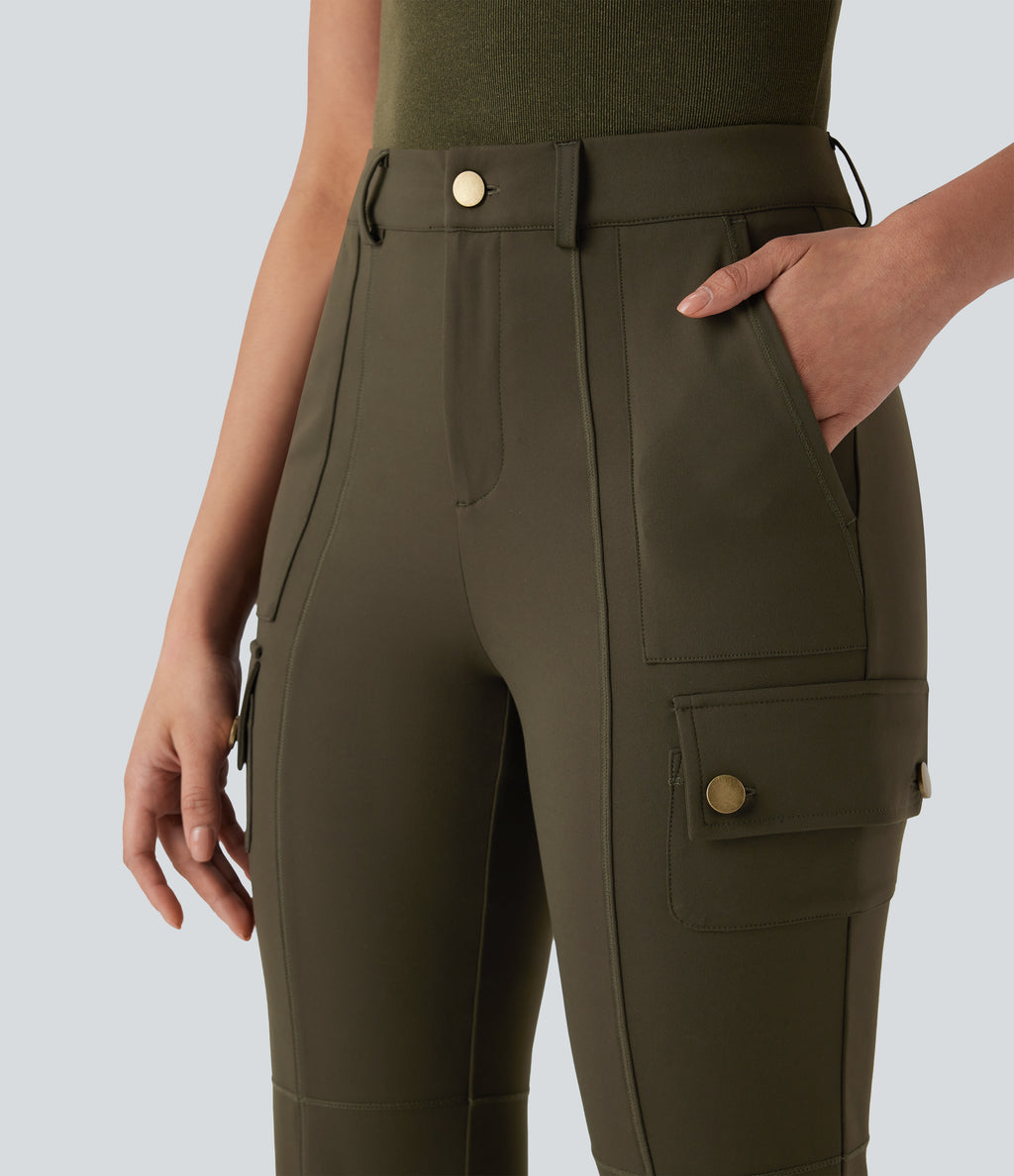 Mid Rise Pockets Hiking Cargo Bootcut Trousers — Forest Night — view 4