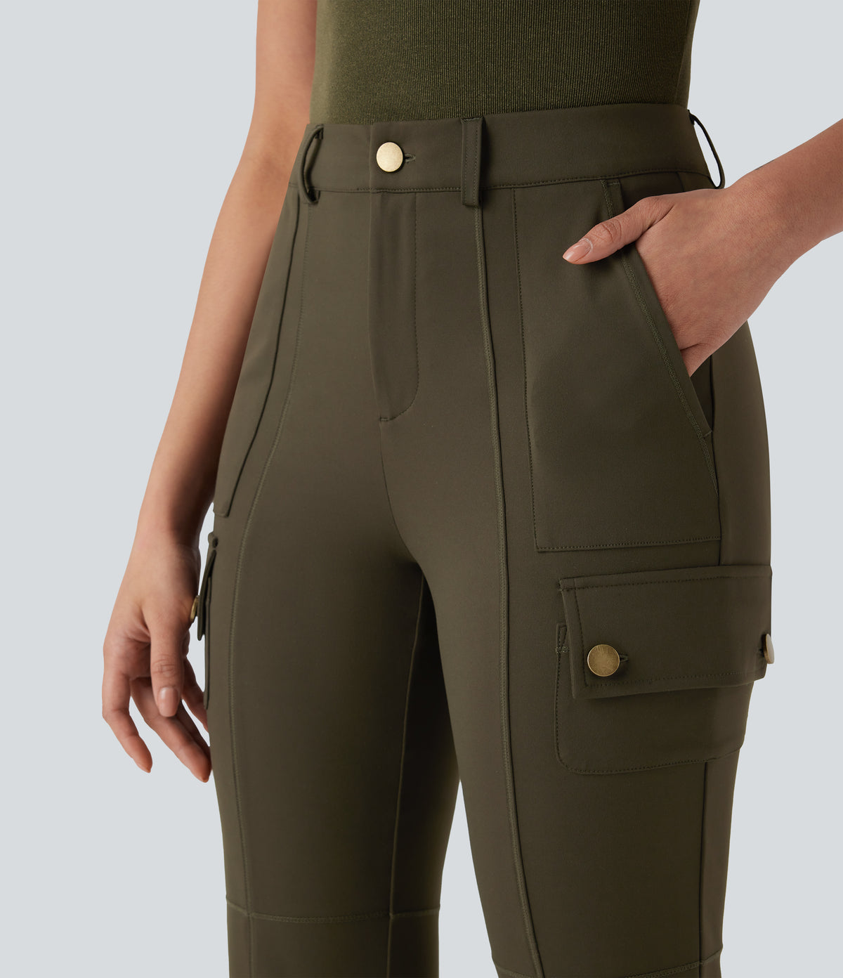 Mid Rise Pockets Hiking Cargo Bootcut Trousers — Forest Night — view 4