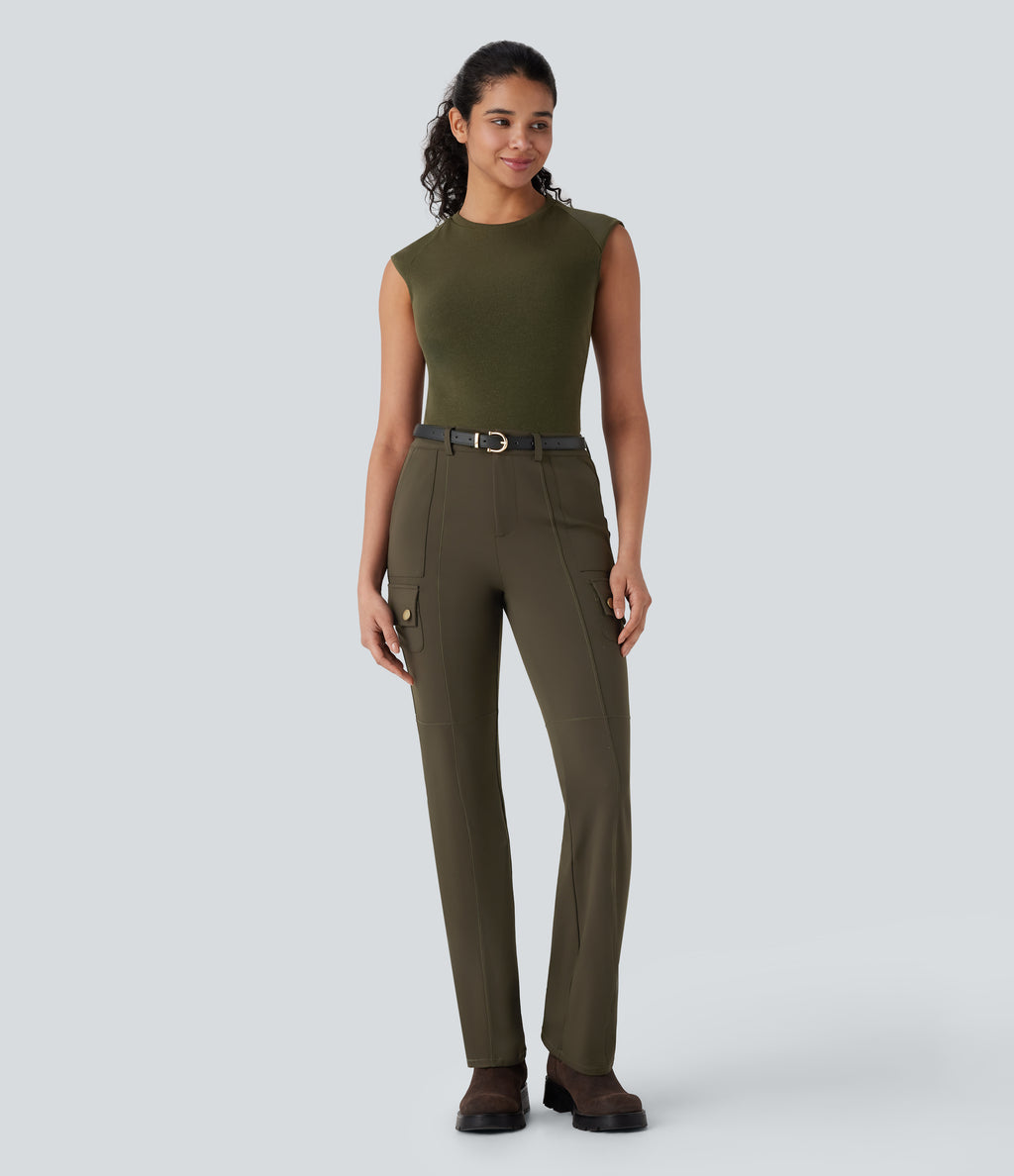 Mid Rise Pockets Hiking Cargo Bootcut Trousers — Forest Night — view 6