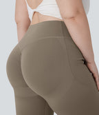 High Waisted Scrunch Butt Lifting Tummy Control Pocket Shaping Yoga Bootcut Plus Size Leggings — Dawn Brown — view 5