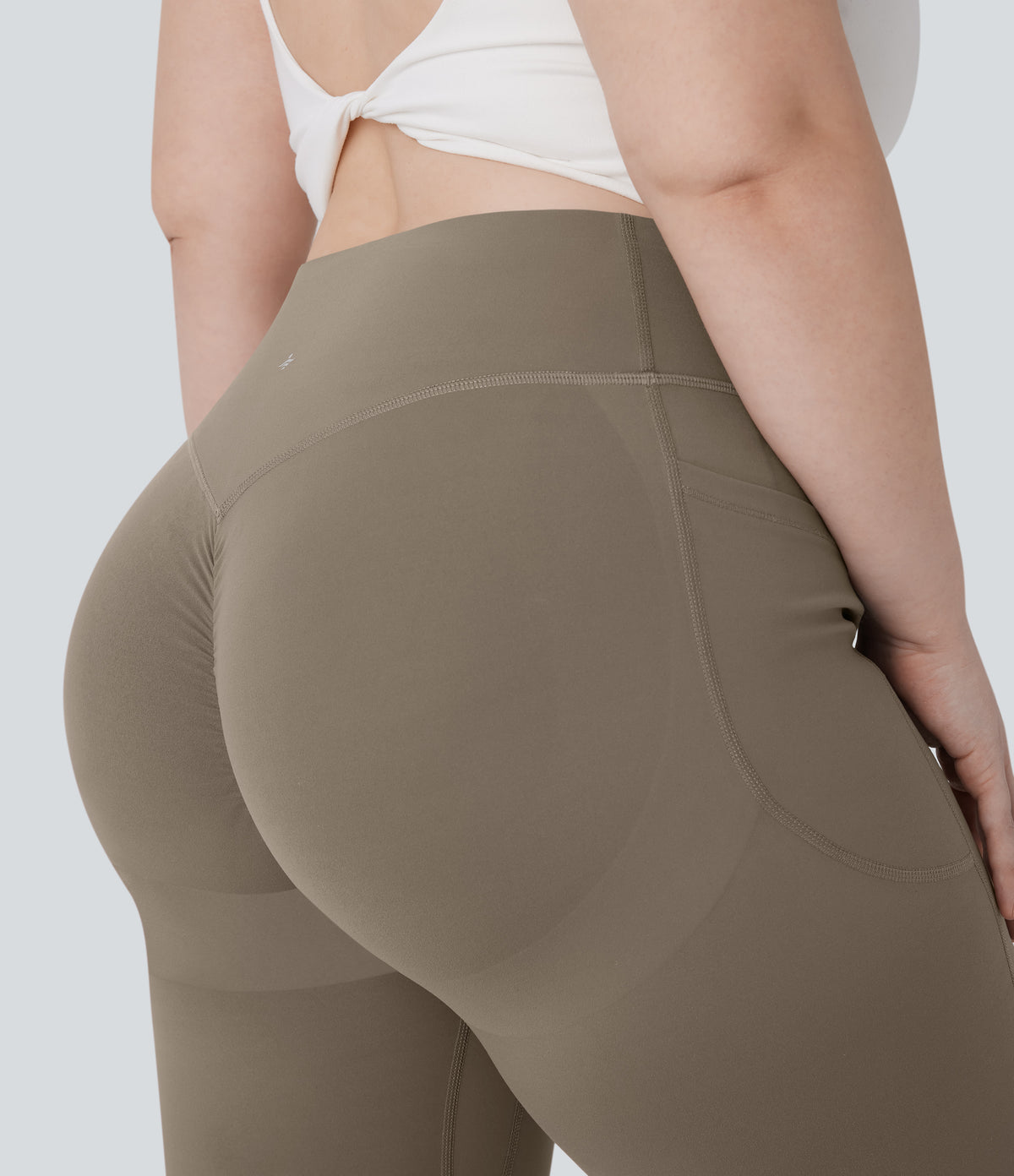 High Waisted Scrunch Butt Lifting Tummy Control Pocket Shaping Yoga Bootcut Plus Size Leggings — Dawn Brown — view 5