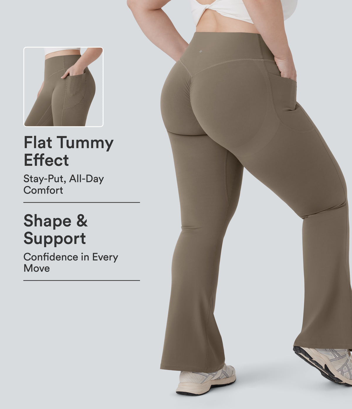 High Waisted Scrunch Butt Lifting Tummy Control Pocket Shaping Yoga Bootcut Plus Size Leggings — Dawn Brown — view 1