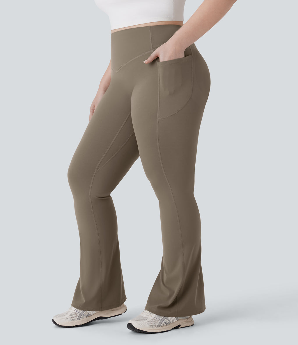 High Waisted Scrunch Butt Lifting Tummy Control Pocket Shaping Yoga Bootcut Plus Size Leggings — Dawn Brown — view 3