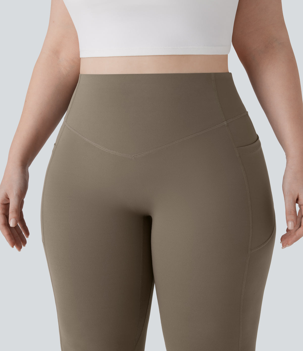 High Waisted Scrunch Butt Lifting Tummy Control Pocket Shaping Yoga Bootcut Plus Size Leggings — Dawn Brown — view 6