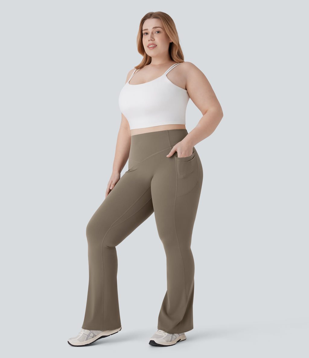 High Waisted Scrunch Butt Lifting Tummy Control Pocket Shaping Yoga Bootcut Plus Size Leggings — Dawn Brown — view 7