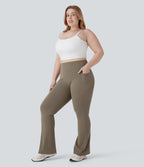 High Waisted Scrunch Butt Lifting Tummy Control Pocket Shaping Yoga Bootcut Plus Size Leggings — Dawn Brown — view 7