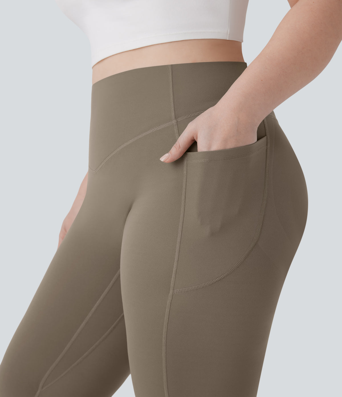 High Waisted Scrunch Butt Lifting Tummy Control Pocket Shaping Yoga Bootcut Plus Size Leggings — Dawn Brown — view 4