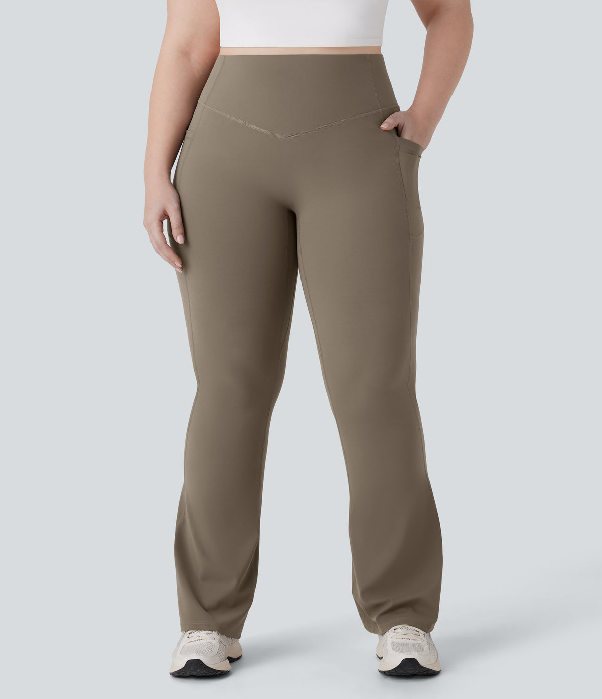 High Waisted Scrunch Butt Lifting Tummy Control Pocket Shaping Yoga Bootcut Plus Size Leggings — Dawn Brown — view 2