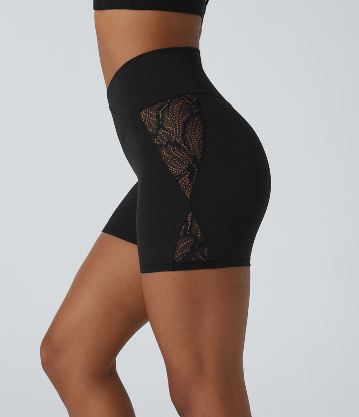 High Waisted Crossover Contrast Lace Pocket Yoga Biker Shorts 5'' — Black — view 1