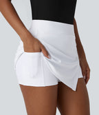 High Waisted Decorative Button Split 2-in-1 Side Pocket Quick Dry Mini Golf Skirt-Golf Tee Pocket-UPF40+ — White — view 4