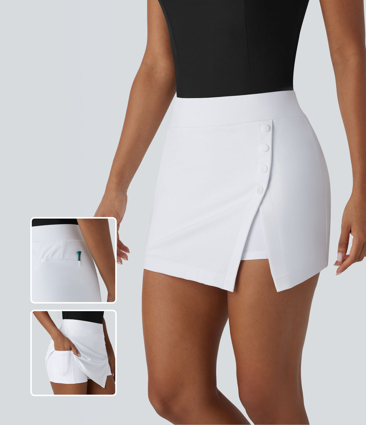 High Waisted Decorative Button Split 2-in-1 Side Pocket Quick Dry Mini Golf Skirt-Golf Tee Pocket-UPF40+ — White — view 1