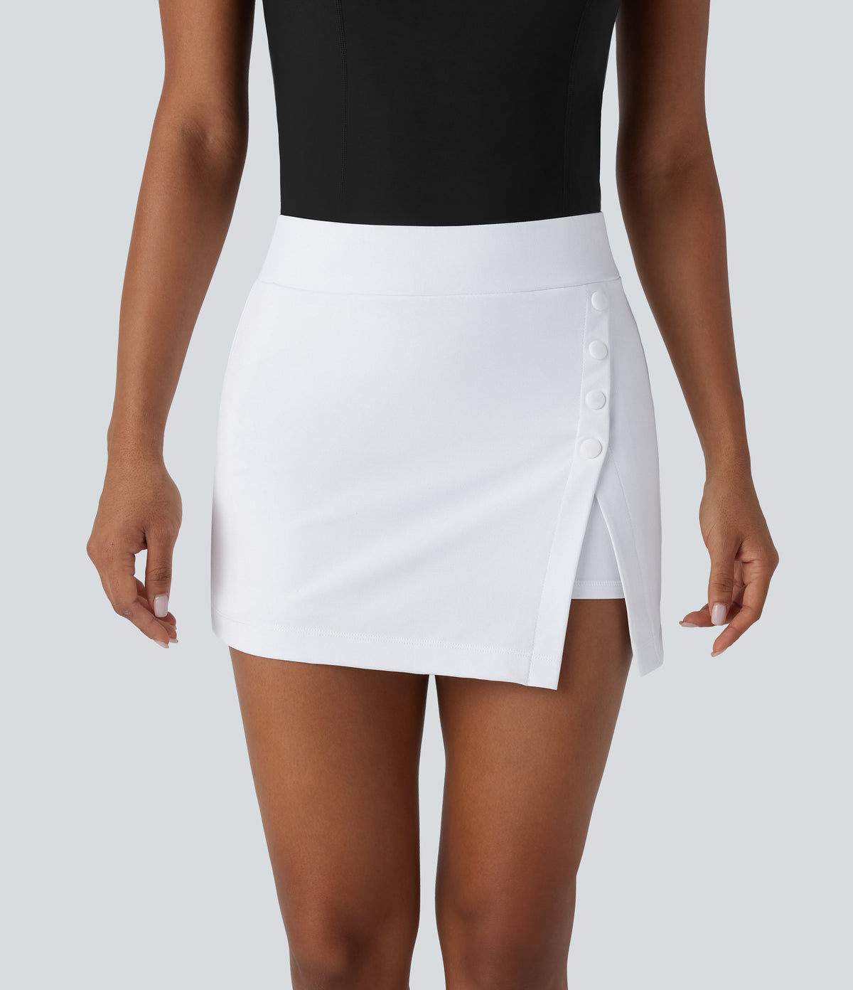 High Waisted Decorative Button Split 2-in-1 Side Pocket Quick Dry Mini Golf Skirt-Golf Tee Pocket-UPF40+ — White — view 3