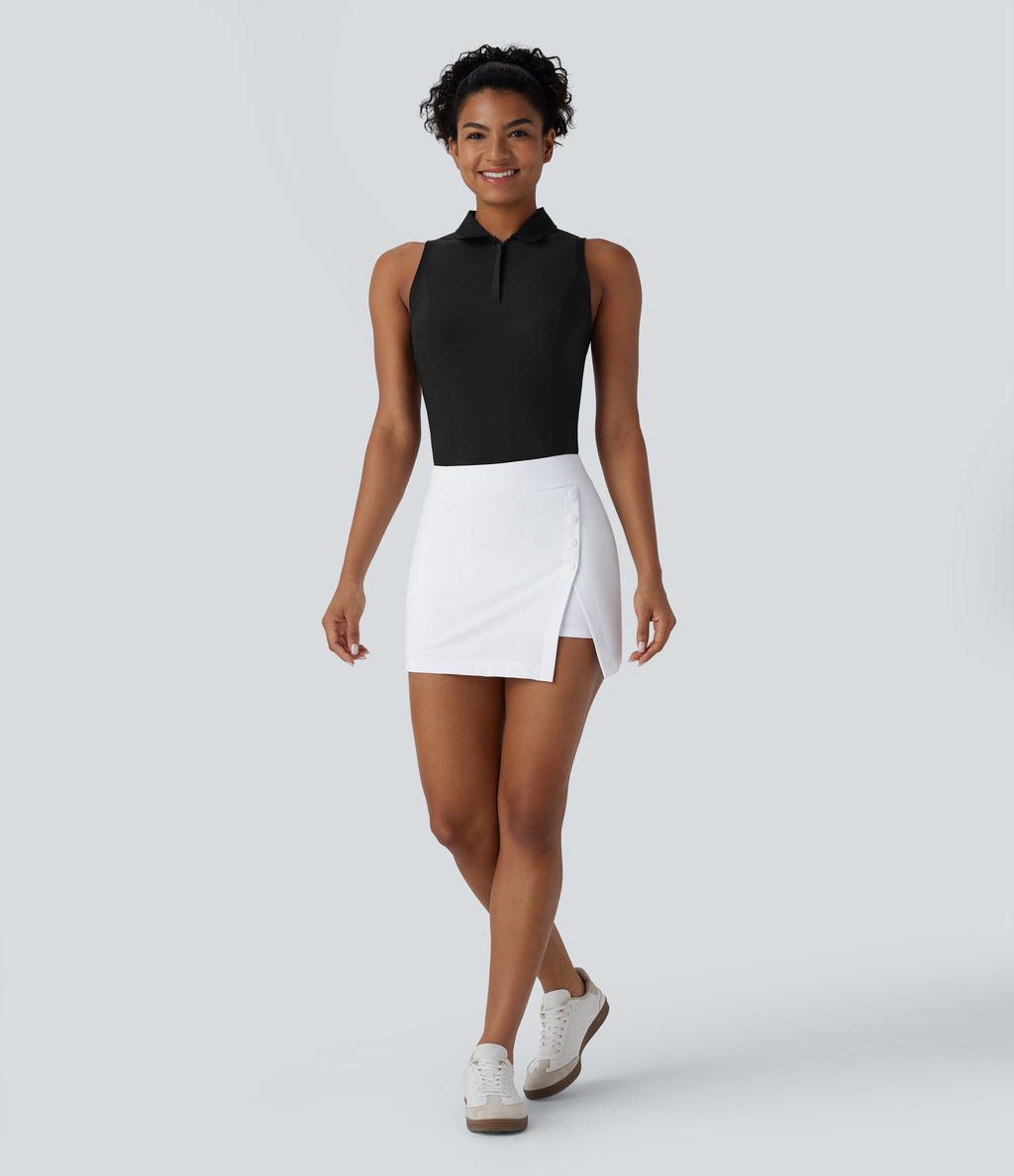 High Waisted Decorative Button Split 2-in-1 Side Pocket Quick Dry Mini Golf Skirt-Golf Tee Pocket-UPF40+ — White — view 7