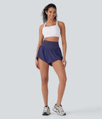 High Waisted Pocket Crossover Hem Quick Dry Yoga Shorts — Black Diamond Blue — view 7
