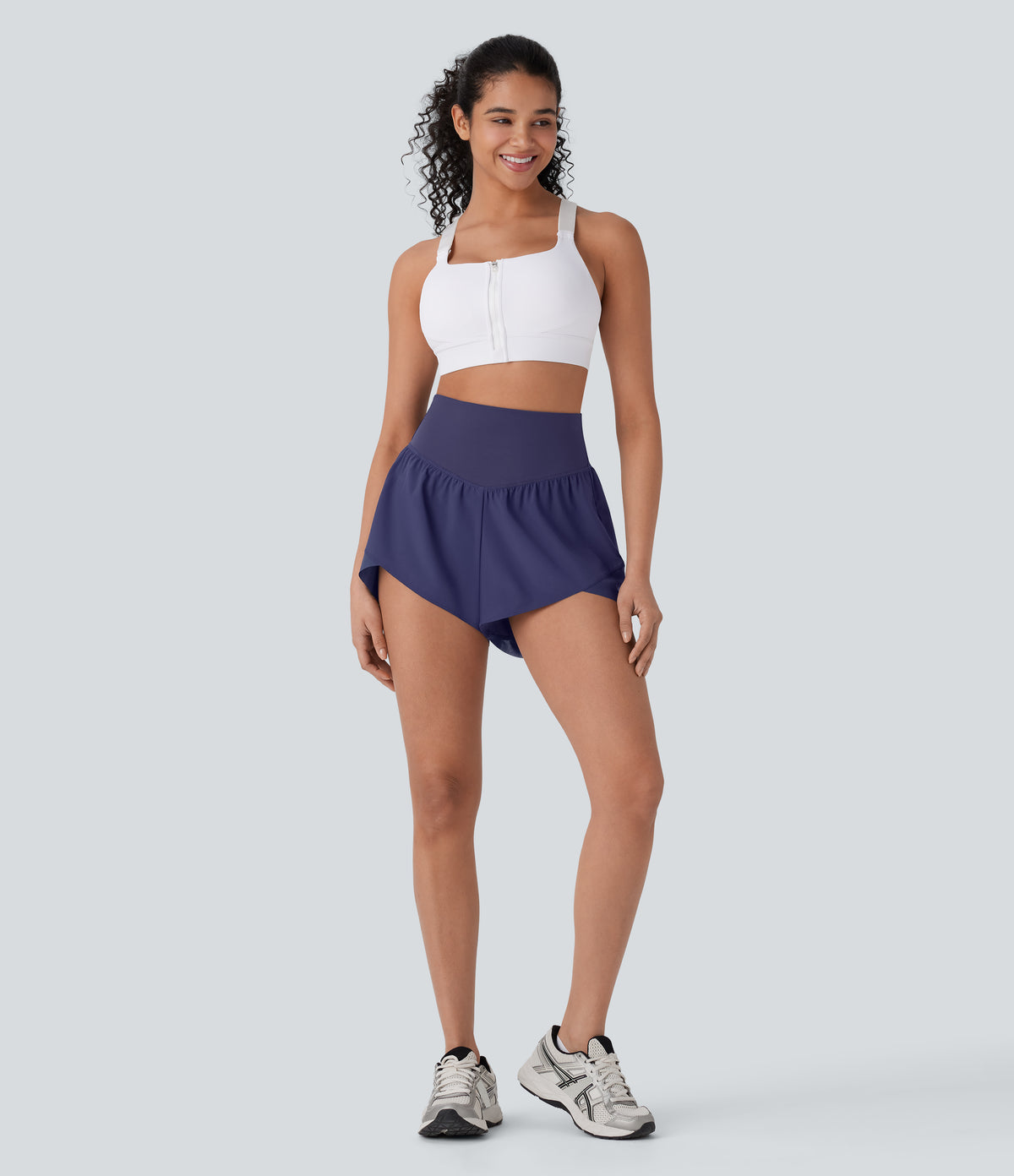 High Waisted Pocket Crossover Hem Quick Dry Yoga Shorts — Black Diamond Blue — view 7