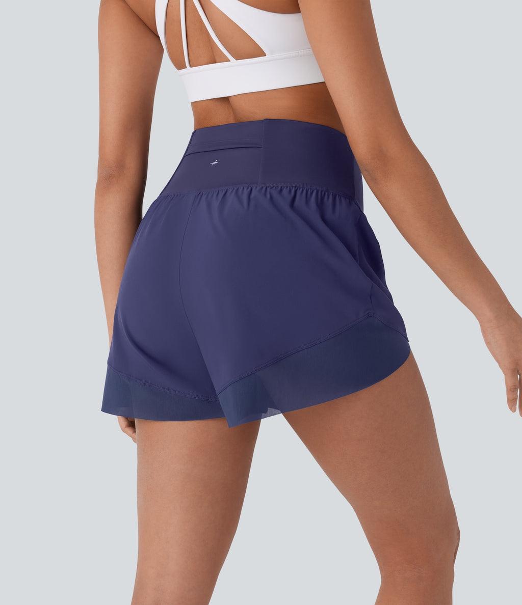 High Waisted Pocket Crossover Hem Quick Dry Yoga Shorts — Black Diamond Blue — view 2