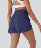 High Waisted Pocket Crossover Hem Quick Dry Yoga Shorts — Black Diamond Blue — view 2