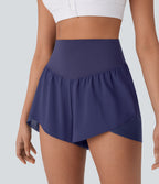 High Waisted Pocket Crossover Hem Quick Dry Yoga Shorts — Black Diamond Blue — view 6