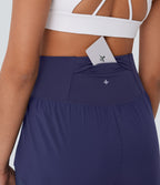 High Waisted Pocket Crossover Hem Quick Dry Yoga Shorts — Black Diamond Blue — view 4