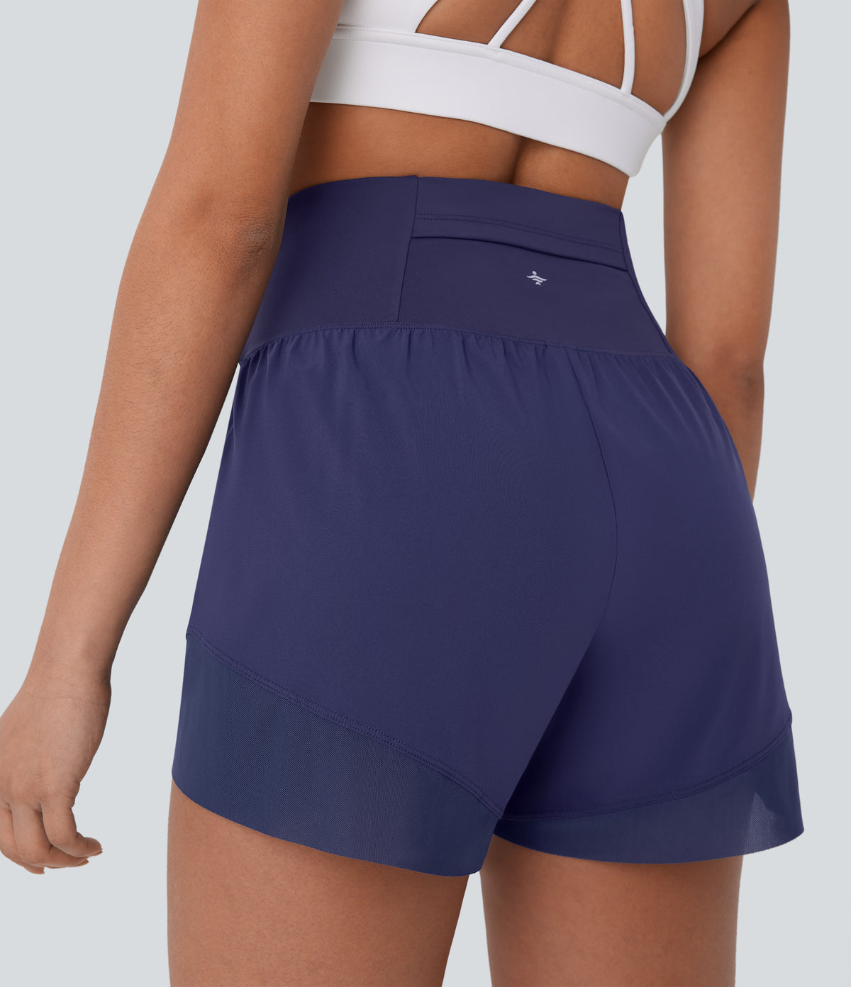 High Waisted Pocket Crossover Hem Quick Dry Yoga Shorts — Black Diamond Blue — view 5