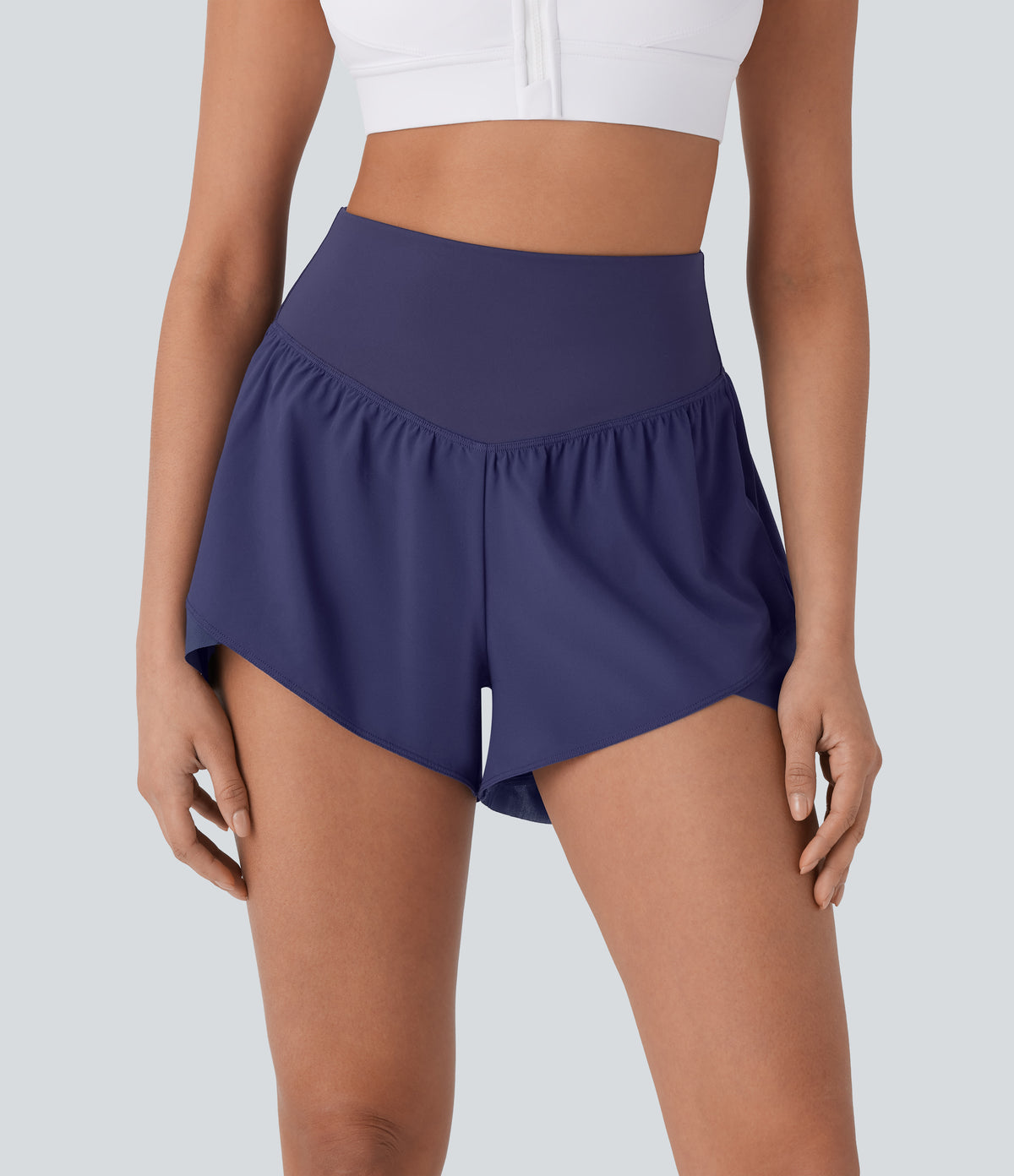 High Waisted Pocket Crossover Hem Quick Dry Yoga Shorts — Black Diamond Blue — view 1
