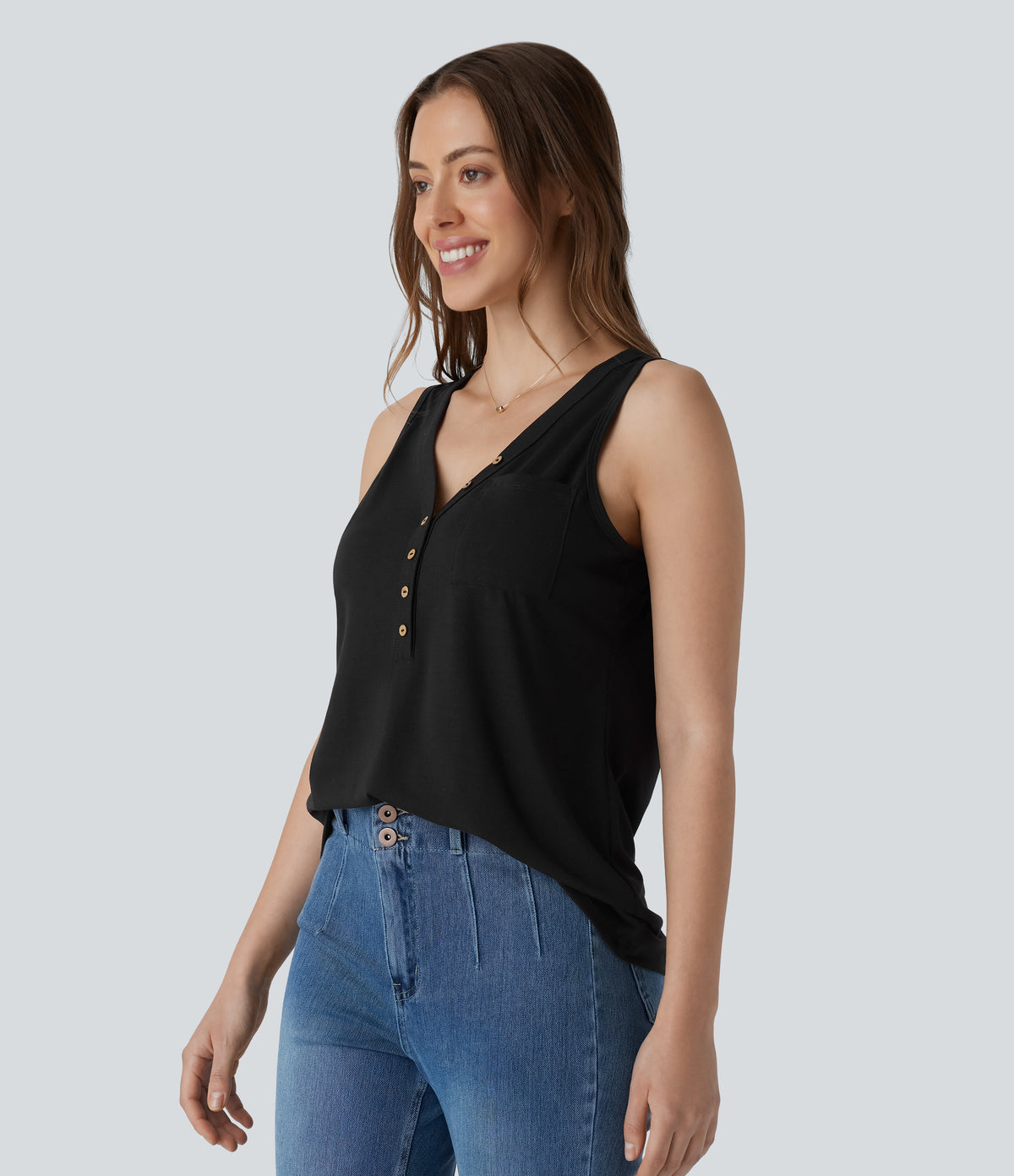V Neck Sleeveless Decorative Casual Top — Black — view 3