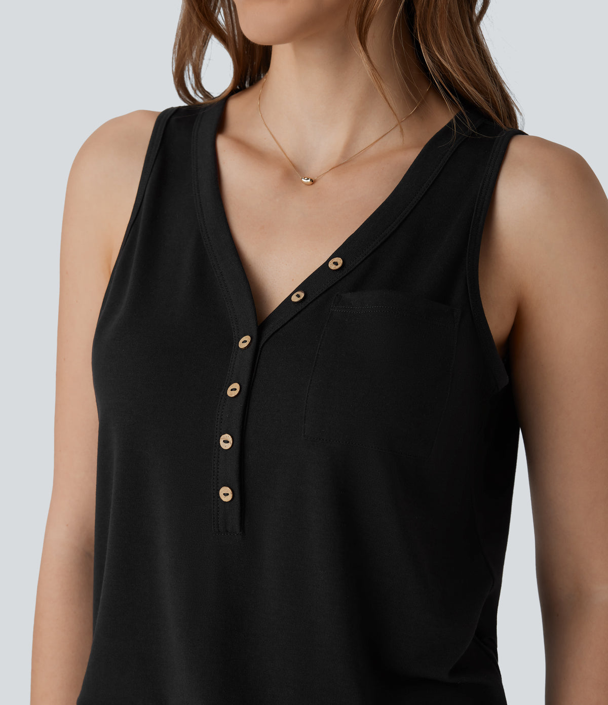 V Neck Sleeveless Decorative Casual Top — Black — view 4