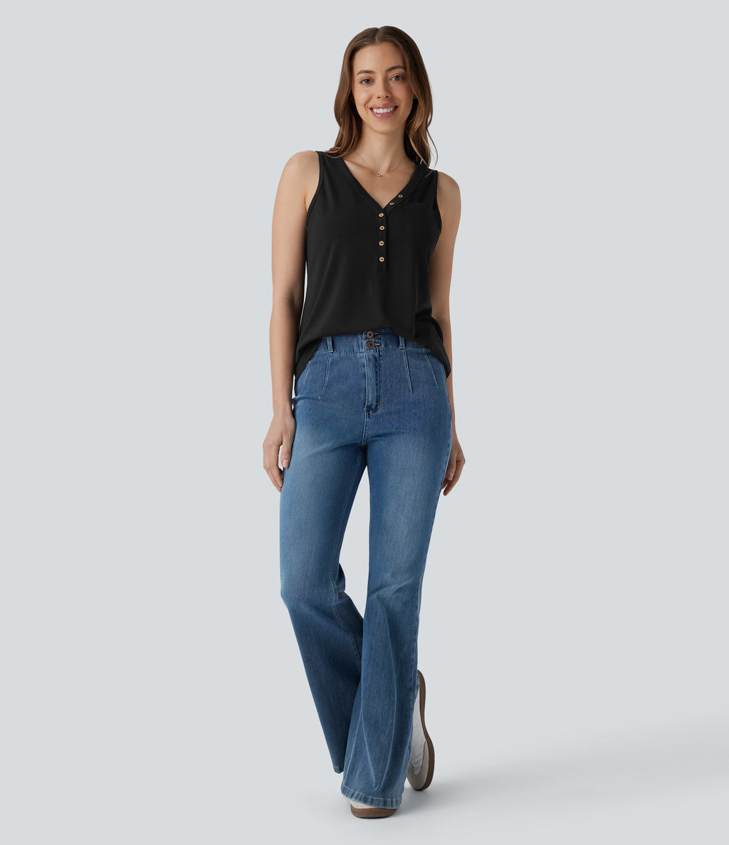 V Neck Sleeveless Decorative Casual Top — Black — view 6
