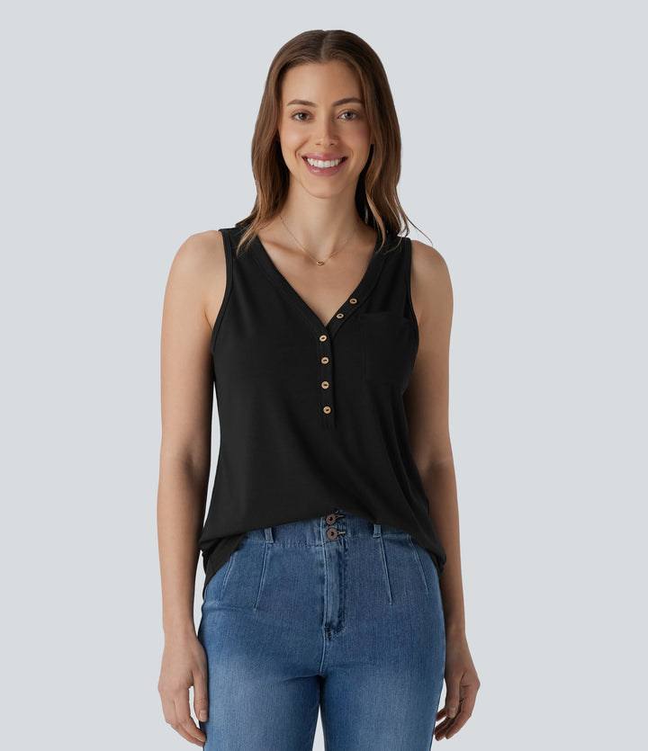 V Neck Sleeveless Decorative Casual Top — Black — view 1