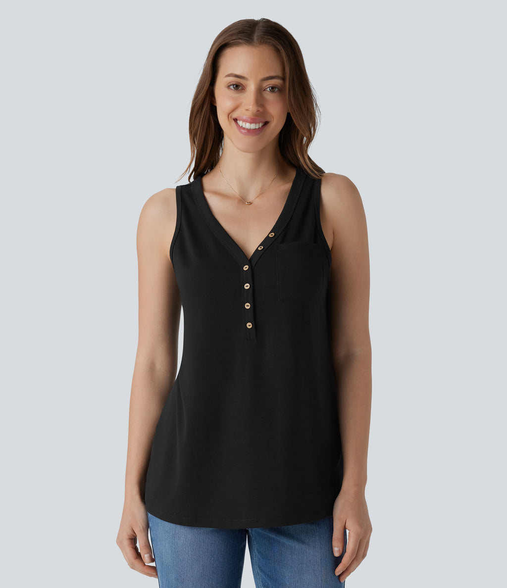 V Neck Sleeveless Decorative Casual Top — Black — view 5