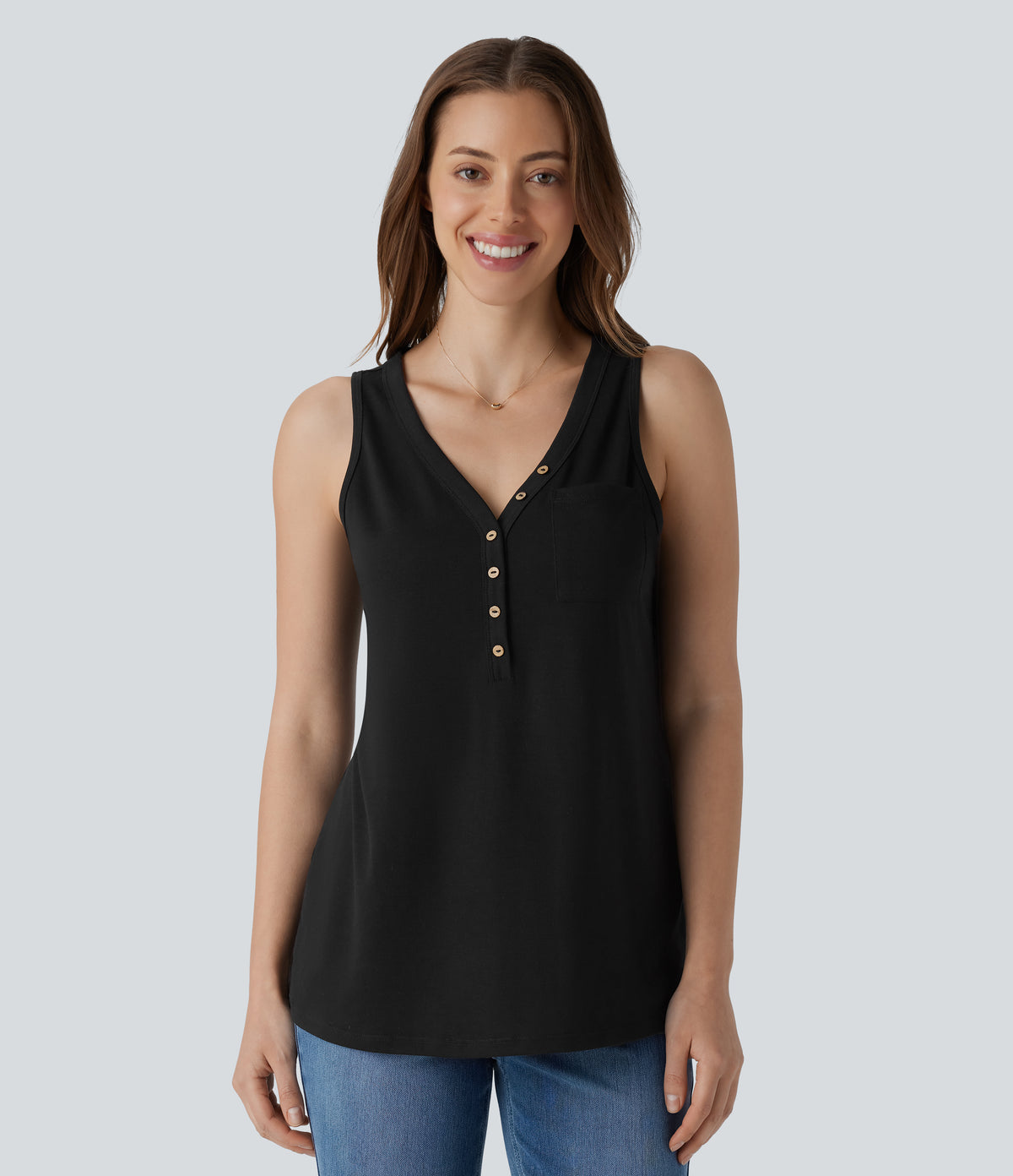 V Neck Sleeveless Decorative Casual Top — Black — view 5