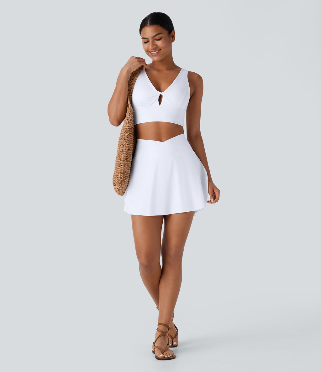 High Waisted Crossover 2-in-1 Side Pocket Quick Dry Mini Resort Skort — White — view 6