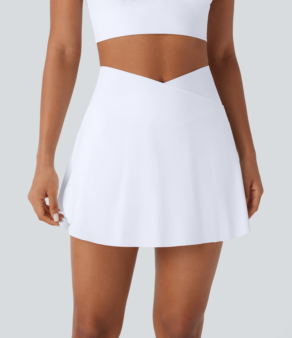 High Waisted Crossover 2-in-1 Side Pocket Quick Dry Mini Resort Skort — White — view 2