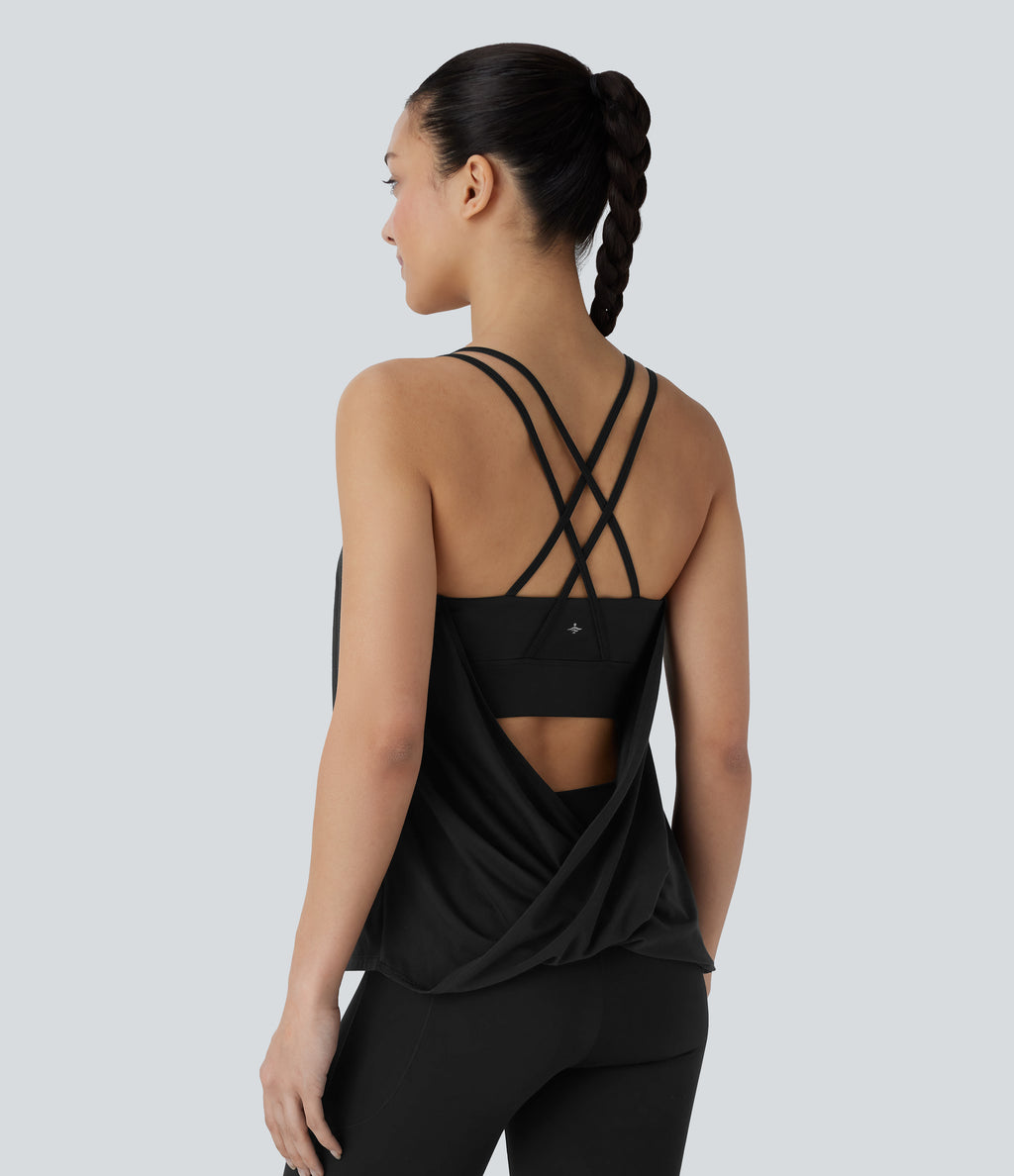 Crisscross Backless Double Straps Pleated Quick Dry Yoga Cami Top — Black — view 4