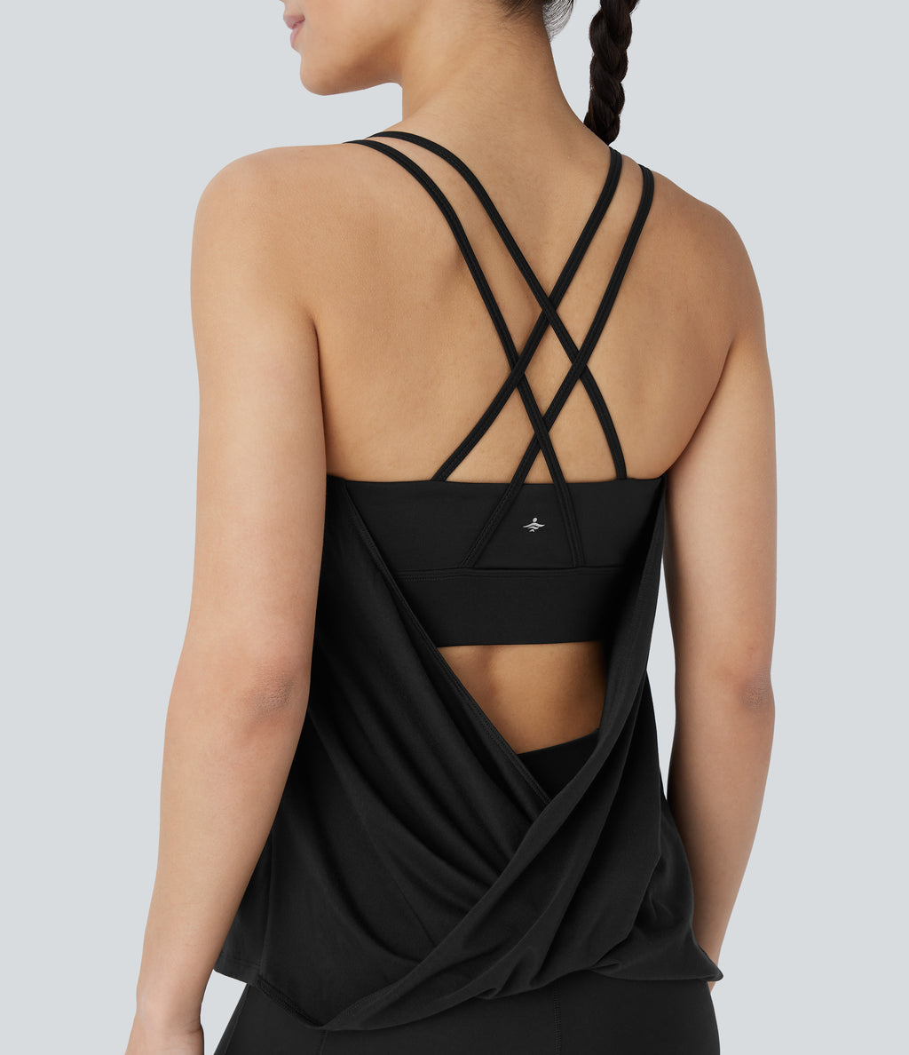 Crisscross Backless Double Straps Pleated Quick Dry Yoga Cami Top — Black — view 1