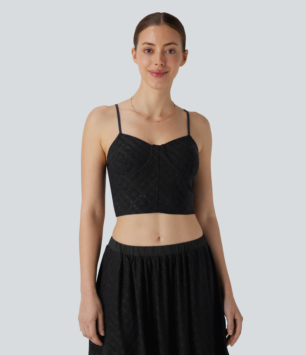 Eyelet Cropped Tank Vest Top — Black — view 2