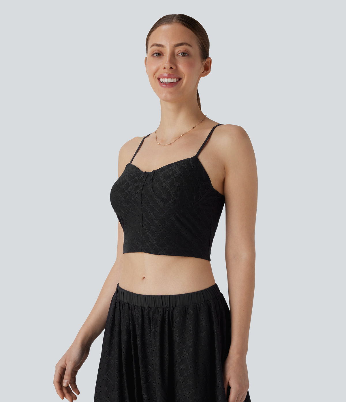Eyelet Cropped Tank Vest Top — Black — view 4