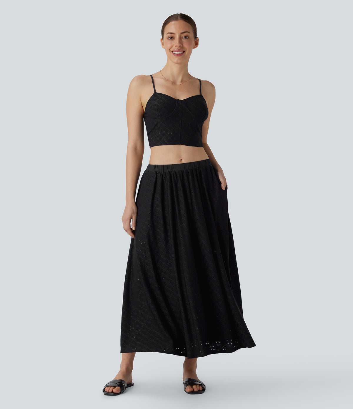 Eyelet Cropped Tank Vest Top — Black — view 6
