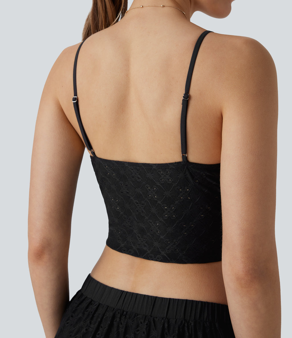 Eyelet Cropped Tank Vest Top — Black — view 5