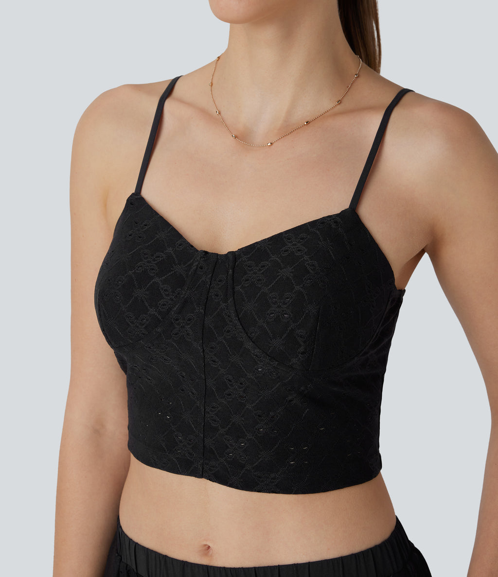 Eyelet Cropped Tank Vest Top — Black — view 1