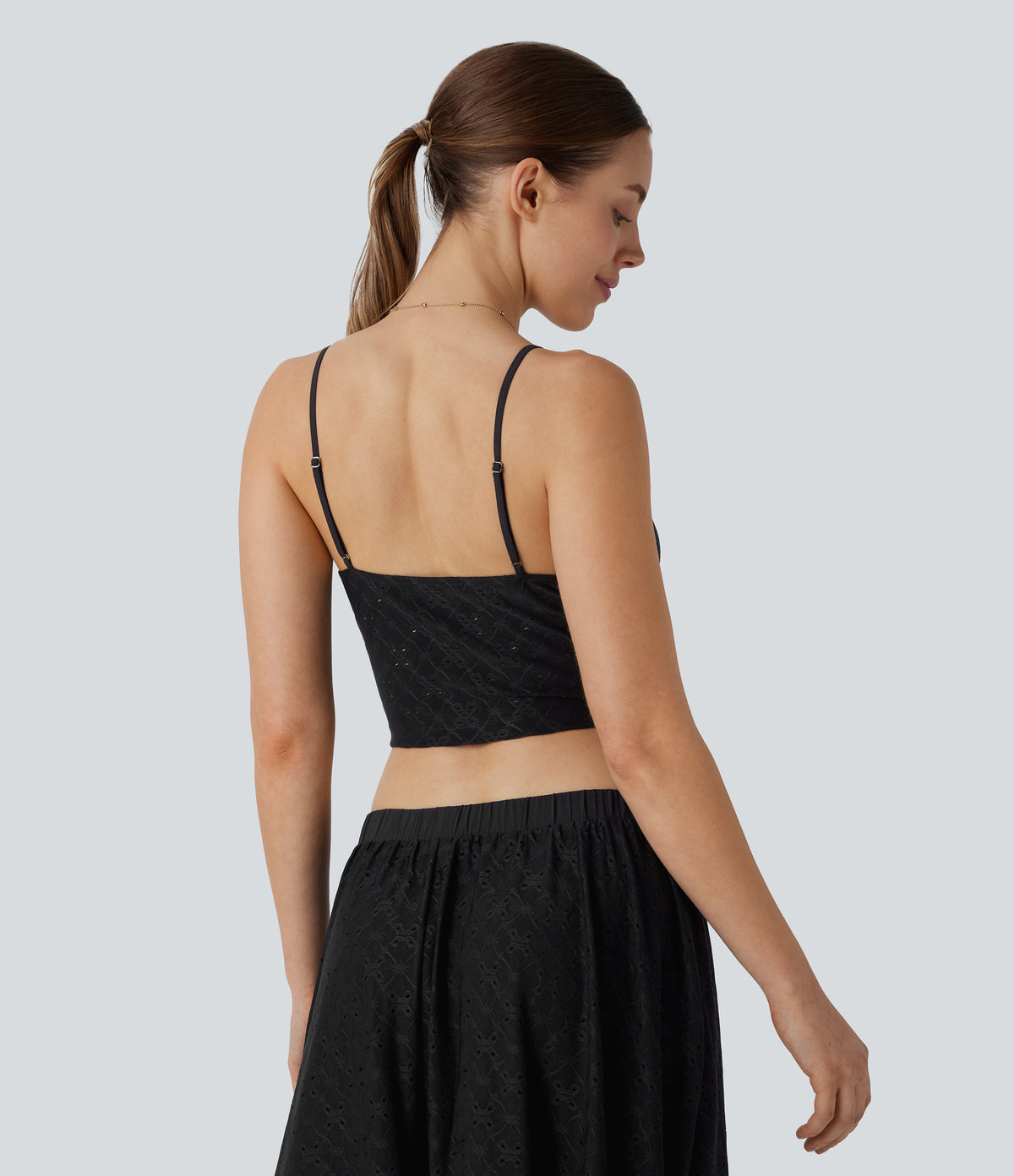 Eyelet Cropped Tank Vest Top — Black — view 3