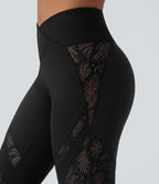 High Waisted Crossover Back Pocket Contrast Lace Flared Yoga Leggings — Black — view 7