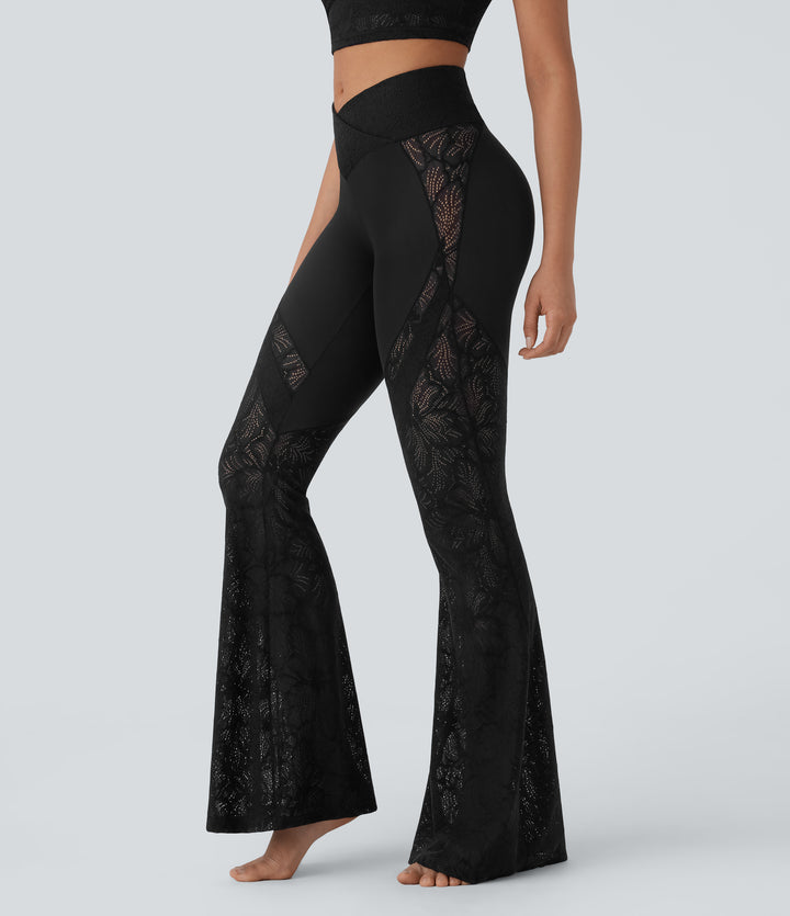 High Waisted Crossover Back Pocket Contrast Lace Flared Yoga Leggings — Black — view 1