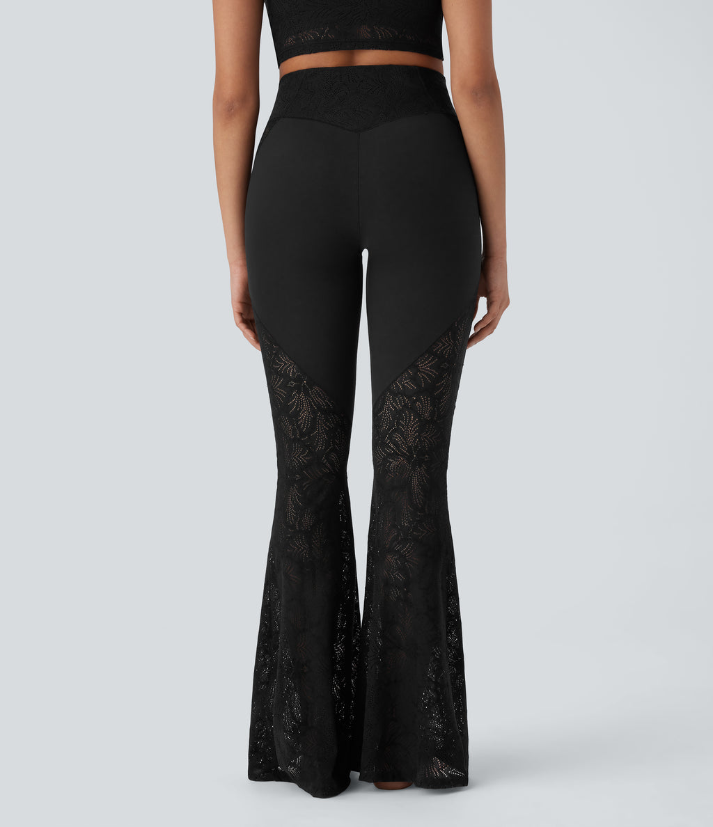 High Waisted Crossover Back Pocket Contrast Lace Flared Yoga Leggings — Black — view 2