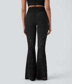 High Waisted Crossover Back Pocket Contrast Lace Flared Yoga Leggings — Black — view 2