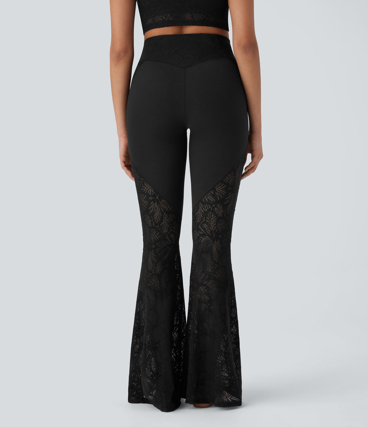 High Waisted Crossover Back Pocket Contrast Lace Flared Yoga Leggings — Black — view 2