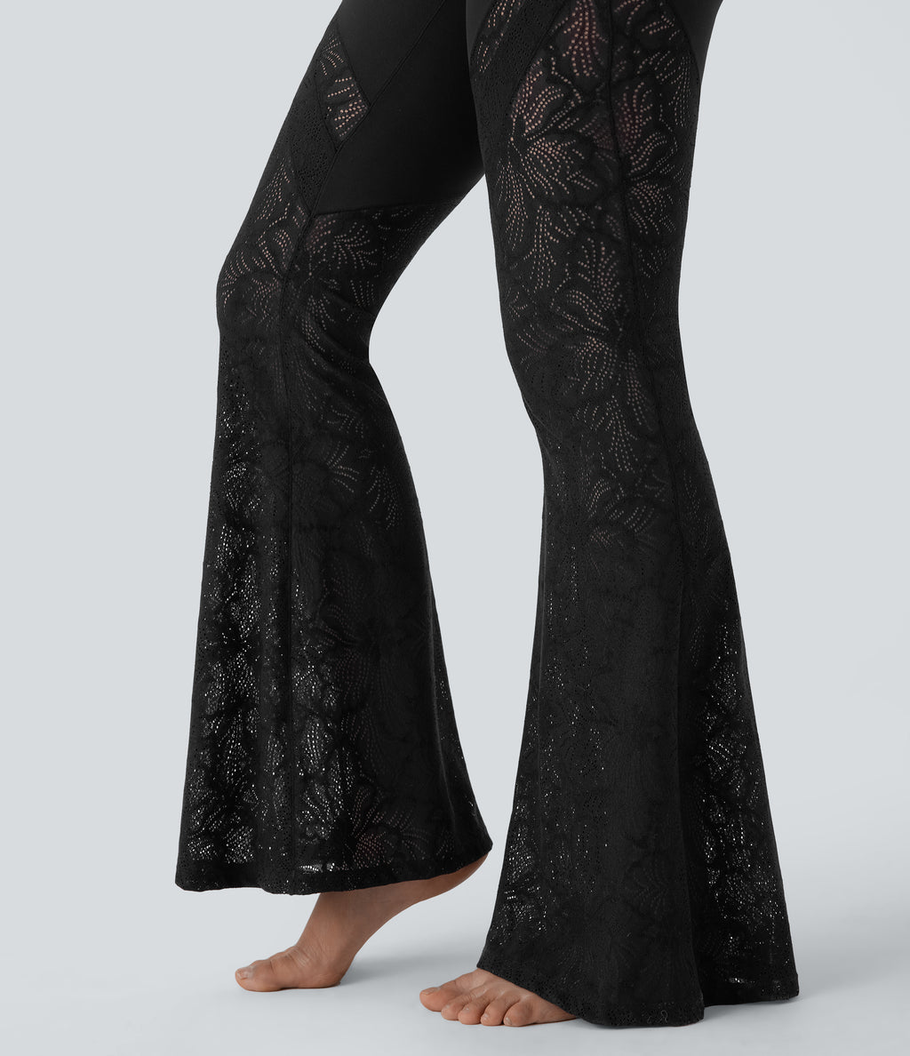 High Waisted Crossover Back Pocket Contrast Lace Flared Yoga Leggings — Black — view 8